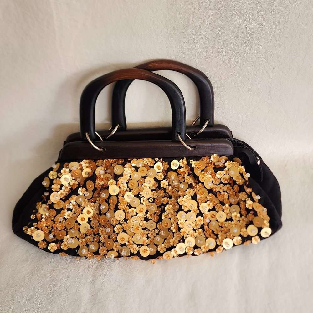 Black Cloth HOBO Bag with Gold Flower Shapped Sequins and Beads